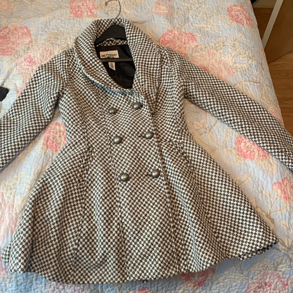 Black and white pea coat with bow